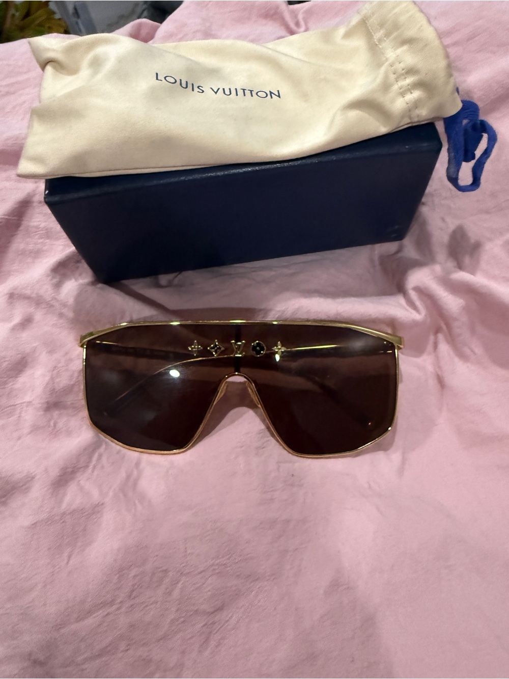 Louis Vuitton Gold-Tone Frame Brown Shield Sunglasses with Monogram Detail